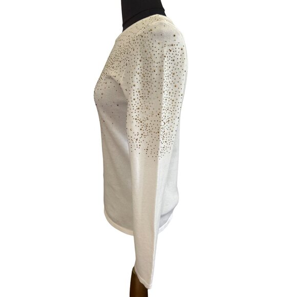 Carmen Marc Valvo Long Sleeve Ivory Sweater With Gold Stud Detailing Size M - Picture 2 of 8